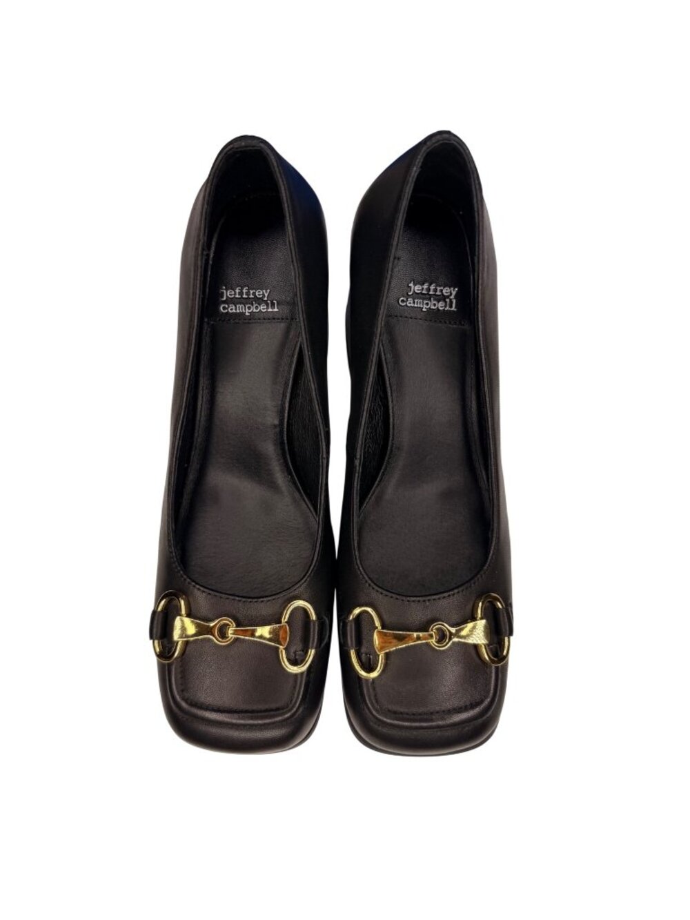 Jeffrey Campbell Black Leather gold-toned horsebit hardware Block Heel Shoes 7.5